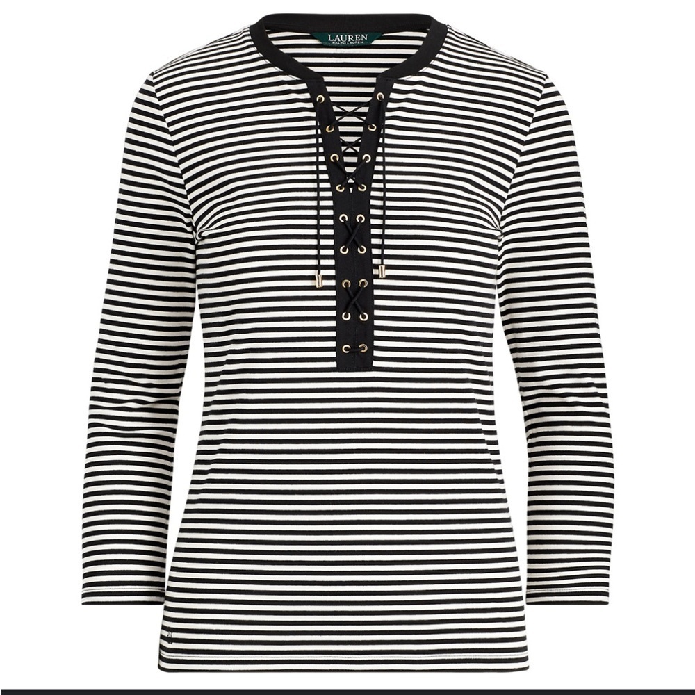 Lauren Ralph Lauren Size S Lace-Up Striped Cotton Top Tee NEW!